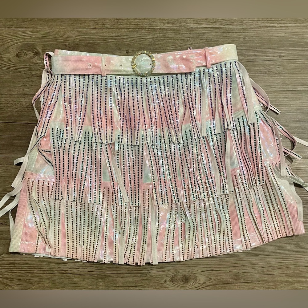 NWT Queen of Sparkles Mardi Gras Leather Fringe Belt Skort - Picture 6 of 13